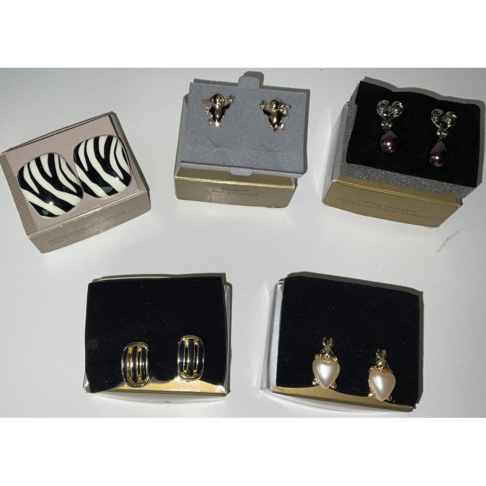 NOS Lot of 5 Pairs of Vintage Avon Clip On Earrings Bunny Penguin Zebra Stripe